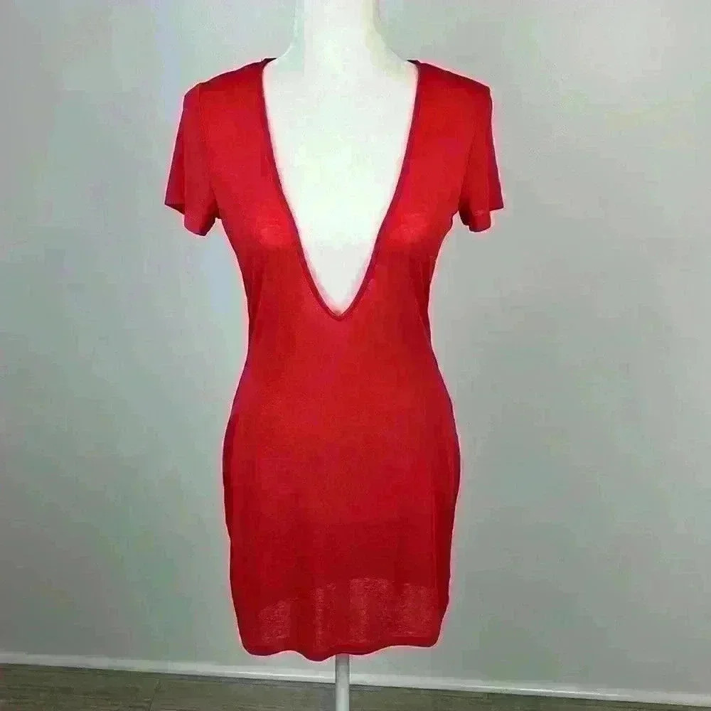 Superdown Red Deep V-Neck Mini Dress/Coverup Size M